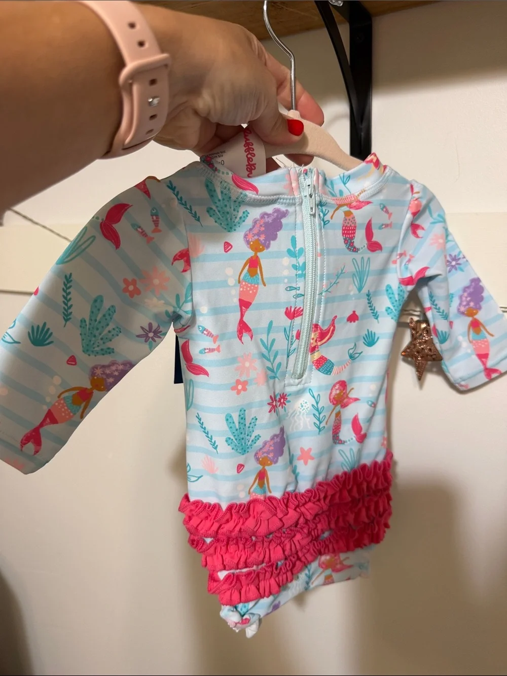 RuffleButts UPF 50+ Mermaid Rashguard One-Piece - Aqua & Pink ✨